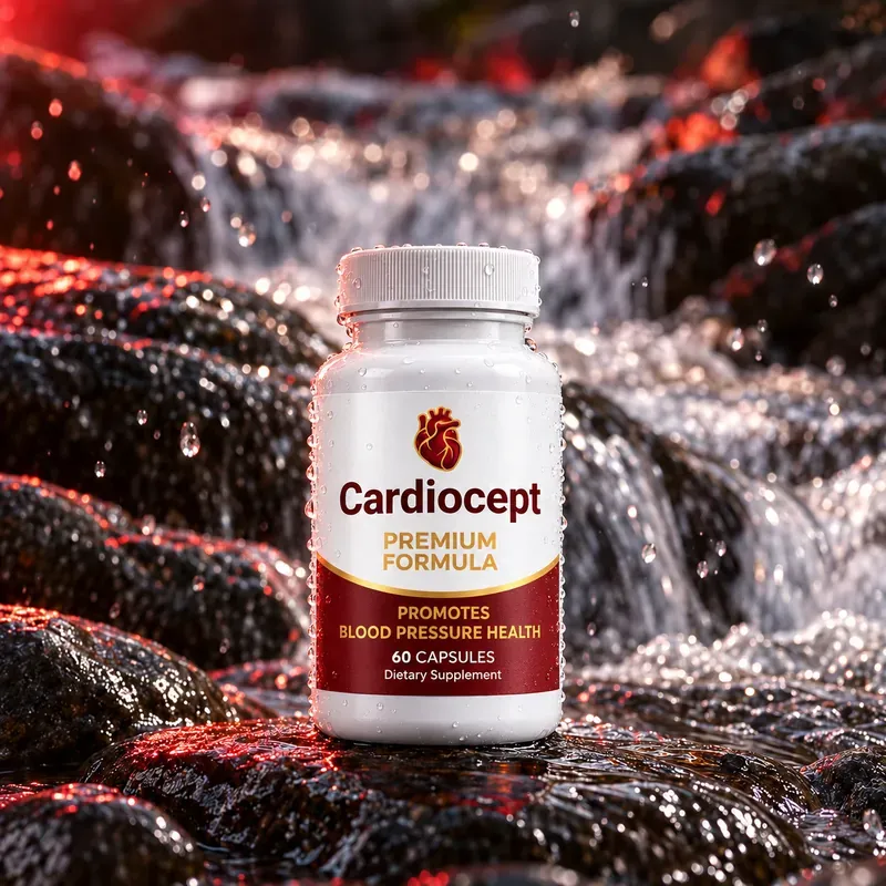 A bottle of Cardiocept Premium Formula on wet rock beside running water